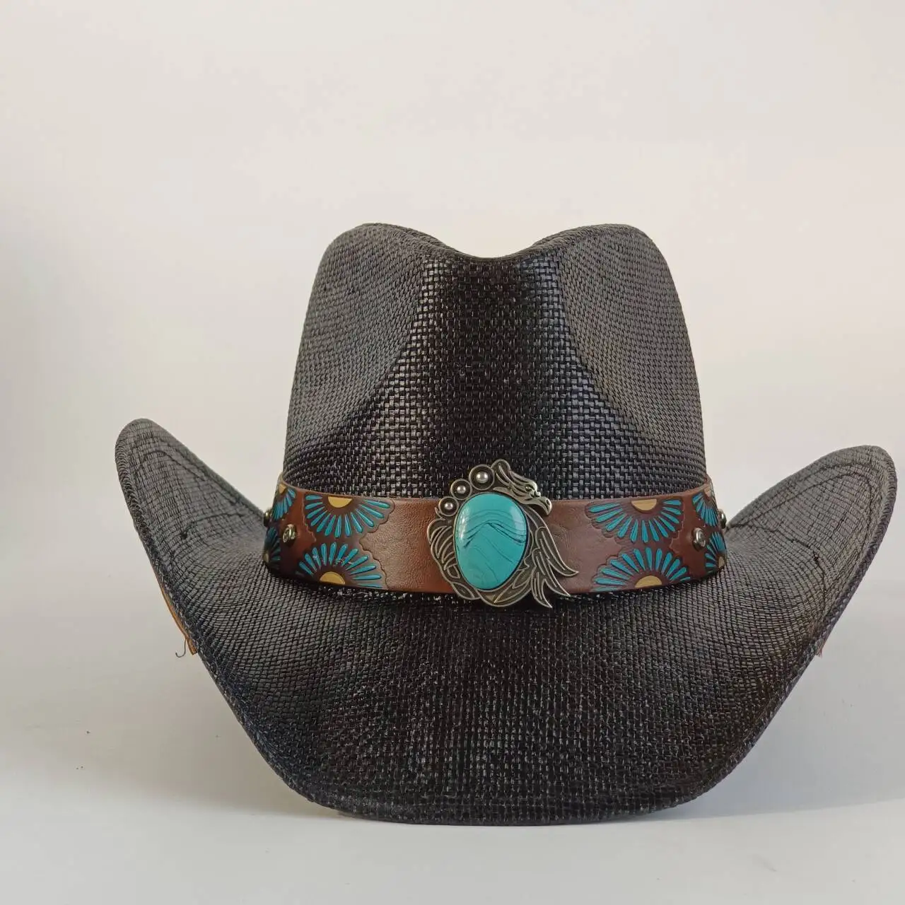 

Men's straw cowboy hat with turquoise decorative buckle, wide-brimmed sun hat, summer beach cowboy hat, women's version.