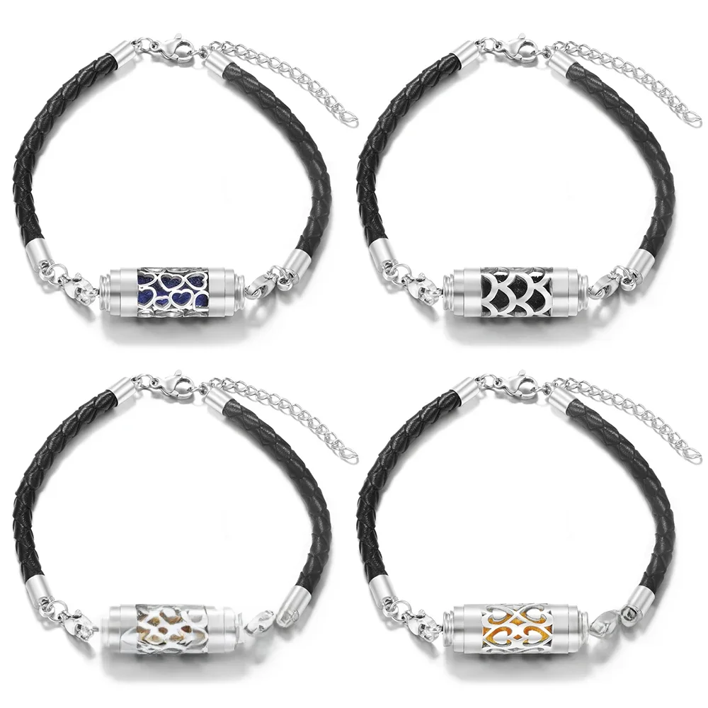 Nouveau Bracelet d'aromathérapie en cuir noir diffuseur d'huile essentielle en acier inoxydable médaillon de parfum Bracelet femmes charme arôme bijoux