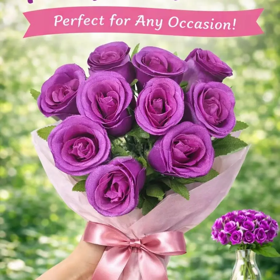 

Professional Artificial Purple Eternal Rose Bouquet Fake Plants Flowers Full Set 6PCS Home Wedding Party Decoration