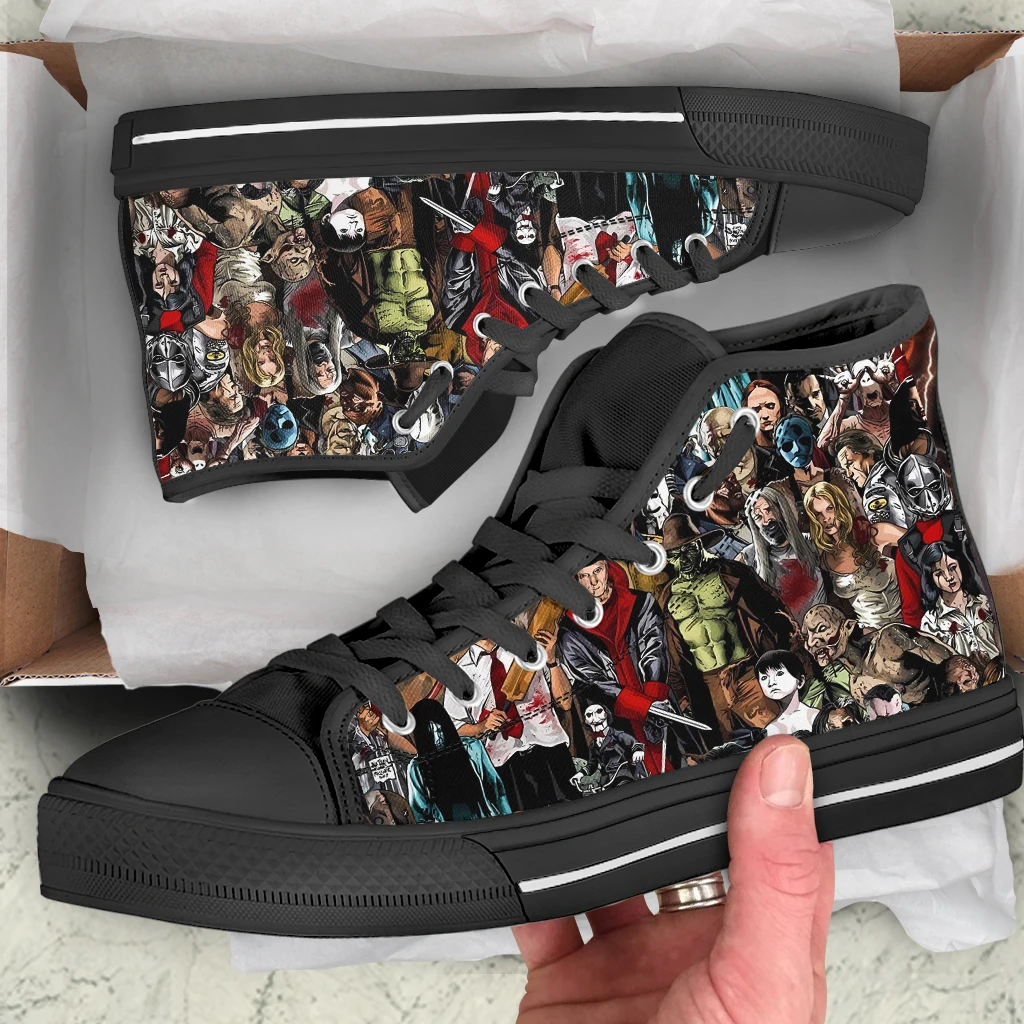 INSTANTARTS-Sapatos temáticos de Halloween para homens, personagens de terror, sapatos de lona alta, sapatilha casual com cordões, sapatilha masculina vulcanizada