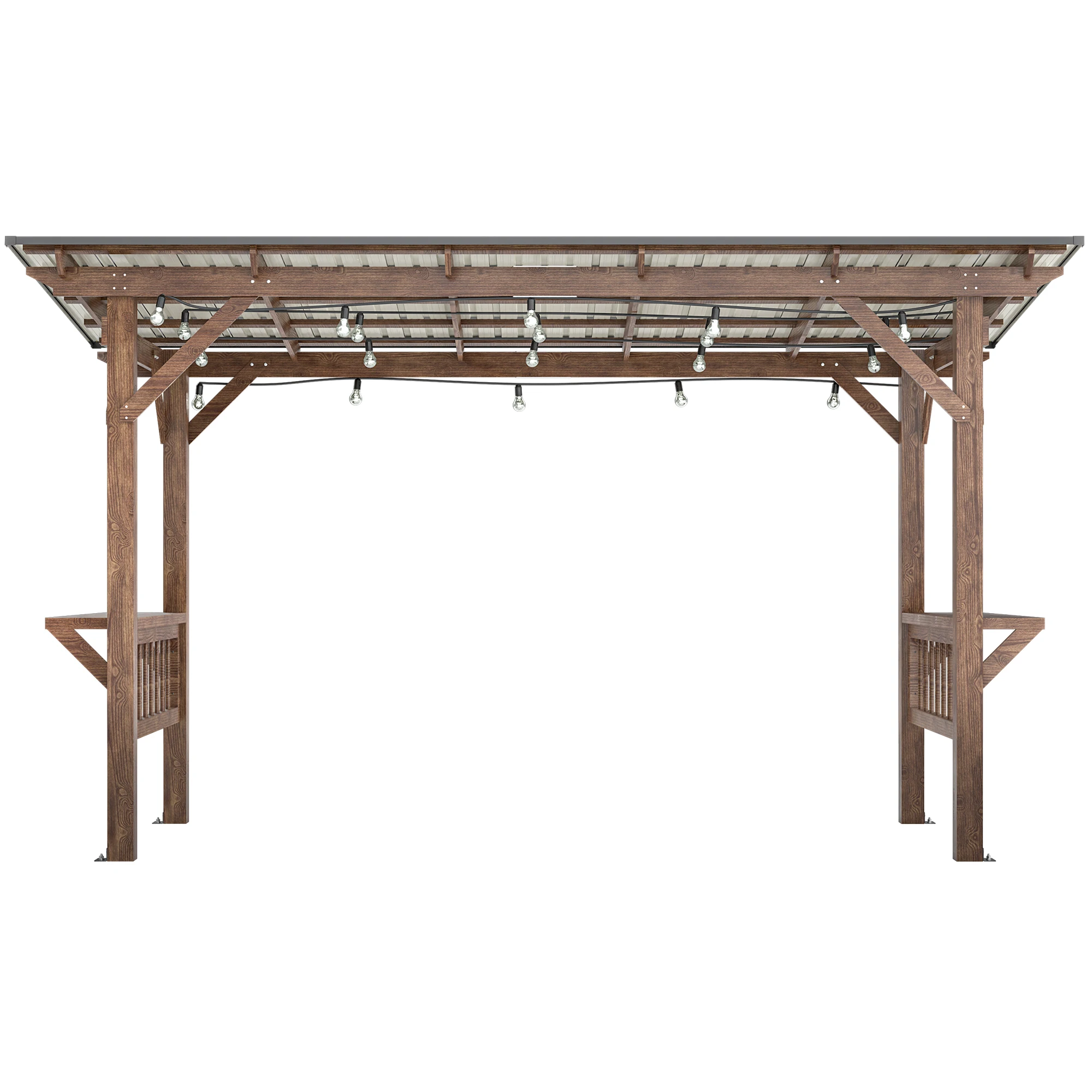 

13' x 6.5' Wooden Pergola Grill Gazebo with Metal Roof & Bulbs & Bar Counters (13' x 6.5' Brown + Wood + Stainless Steel)