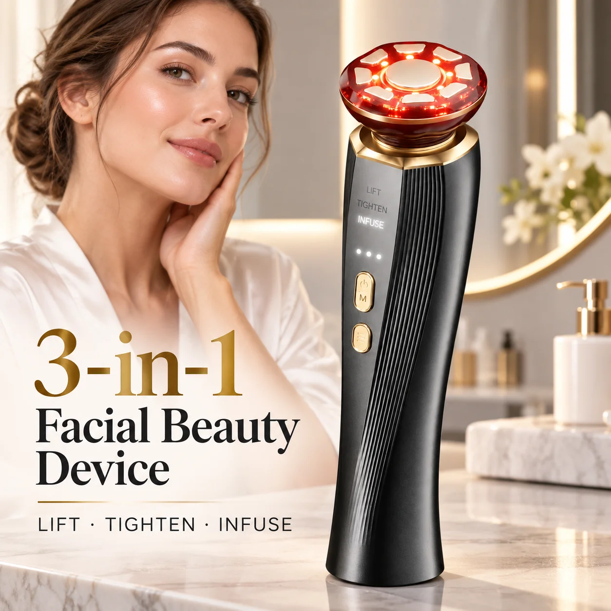 3-in-1 Red Light Therapy Facial Massager for Face & Neck, LED Skin Care Beauty Device with LIFT TIGHTEN INFUSE Modes, Face Sculpting Tool for Firming, Radiance & Serum Absorption, Handheld At-Home Skincare Tool for Women Men Daily Use