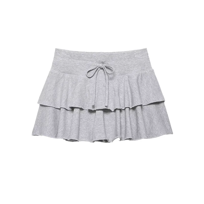 Casual Women Grey Cotton Skirt Comfortable High Waist Drawstring Ruffle Mini Skirts Elegant Layered A-Line Short Skirt Beachwear