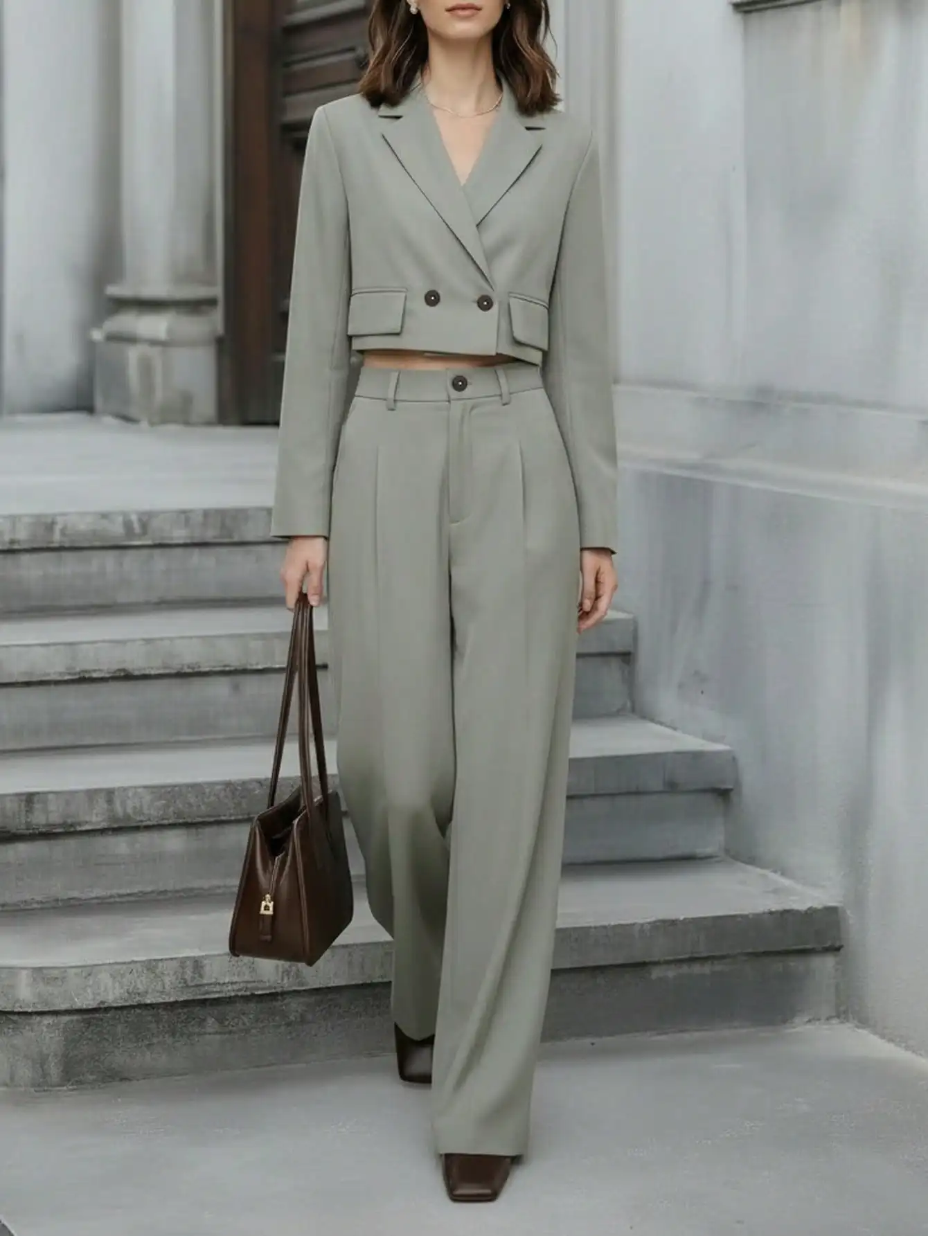 

Women's Autumn/Winter Casual Fashion Solid Color Suit Lapel Long Sleeve Trousers Two-Piece Set