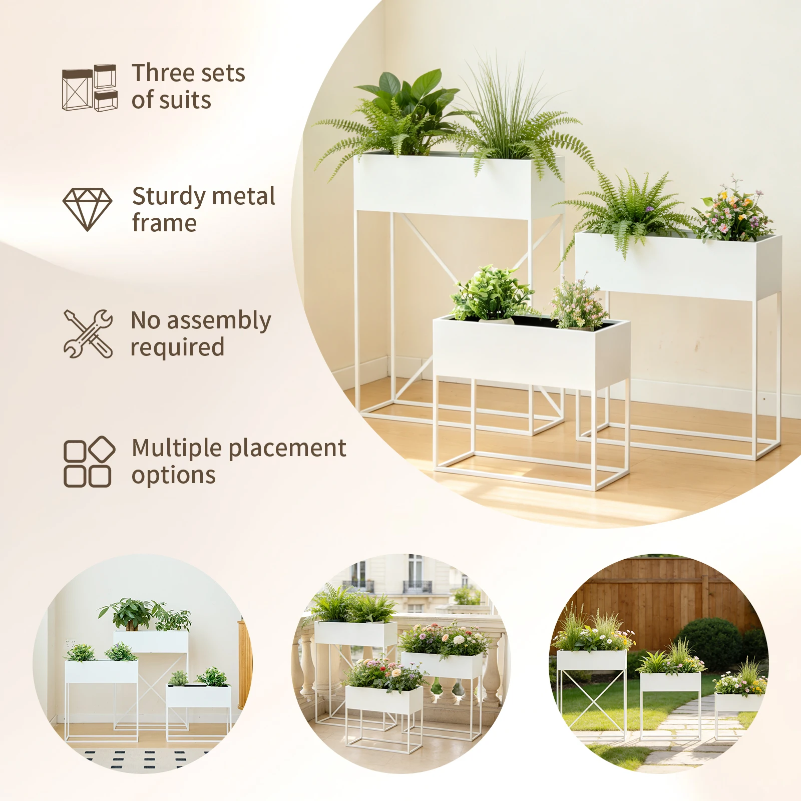 3-pcs Modern Metal Raised Garden Bed, White Elevated Planter Box with Legs & Detachable Plant Stand Holder, Vertical Multi-Layer Flower Pot Trough Display for Outdoor Indoor Balcony Patio Home Garden Decor