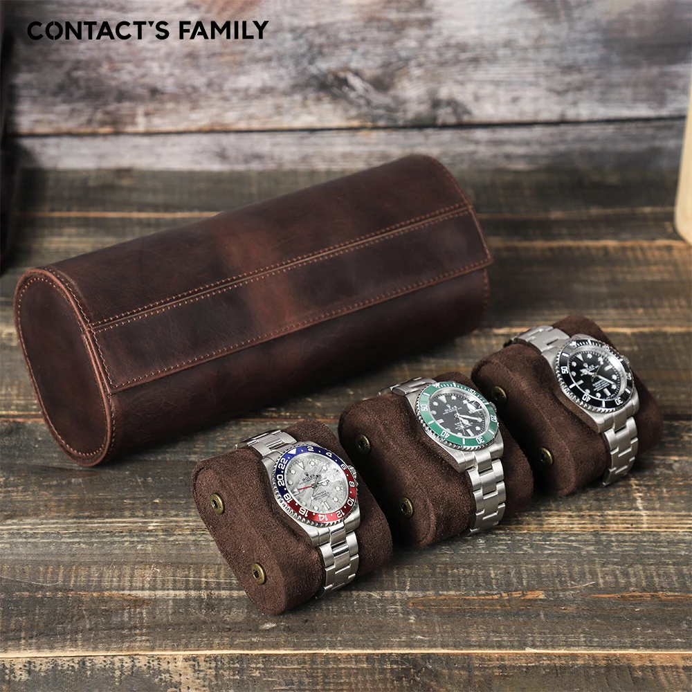 

CONTACT'S FAMILY 3 Slots Watch Roll Case Crazy Horse Leather Men Watch Organizer Display Watch Storage Box Jewelry Pouch Holder