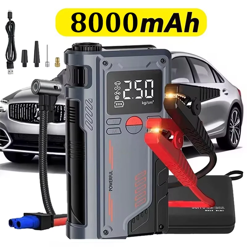 Arrancador de Coches 4 en 1 con Compresor de Aire de 150 PSI, Cargador Portátil de 8000 mAh, Potente Dispositivo de Arranque de Batería de Coche