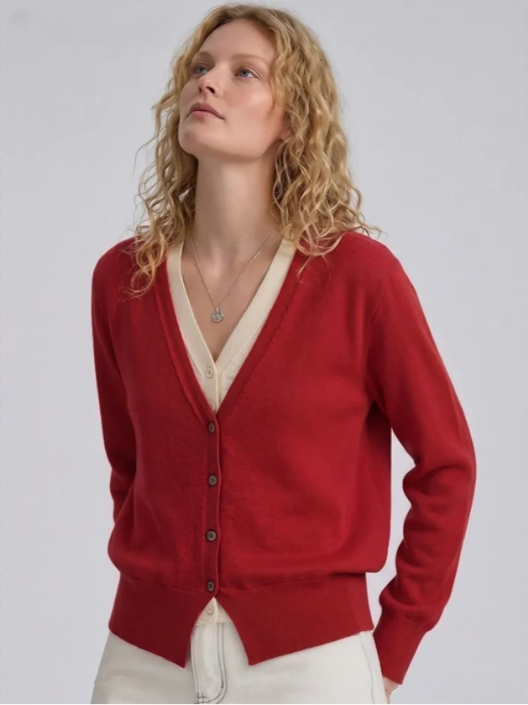 Fake Two-piece Red Cardigan Women's Long Sleeve V Neck Loose Sweater Autumn Winter Trend Knit Cardigan Short Jacket Lady Jumper