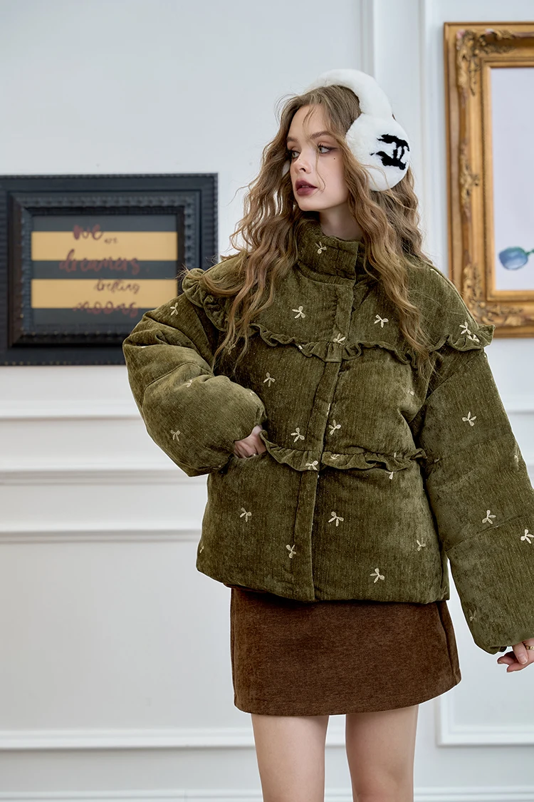 ELFSACK Winter Bow Embroidery Down Jacket for Women, Sweet And Cute Warm Velvet Cloth Thick Warm Coat