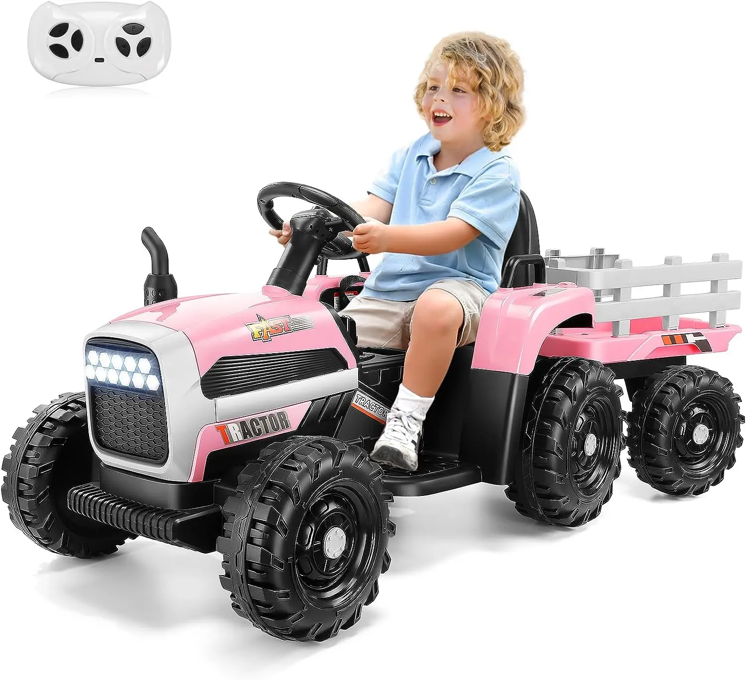 Ride on Tractor met aanhangwagen, 12V elektrische tractor met ouderafstandsbediening, 3 snelheden, LED-licht, muziek, veiligheidsgordel voor kinderen