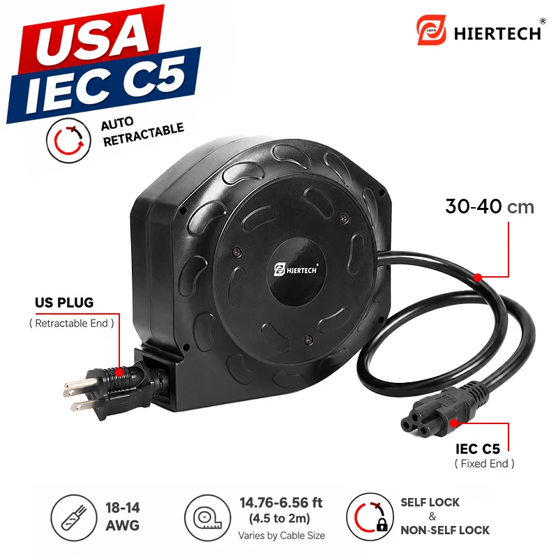 HIERTECH IEC C5 with US plug 14.76ft Retractable Power Cable Reel for Factory Equipment 4.5m Power Supply Electric Cord Reel