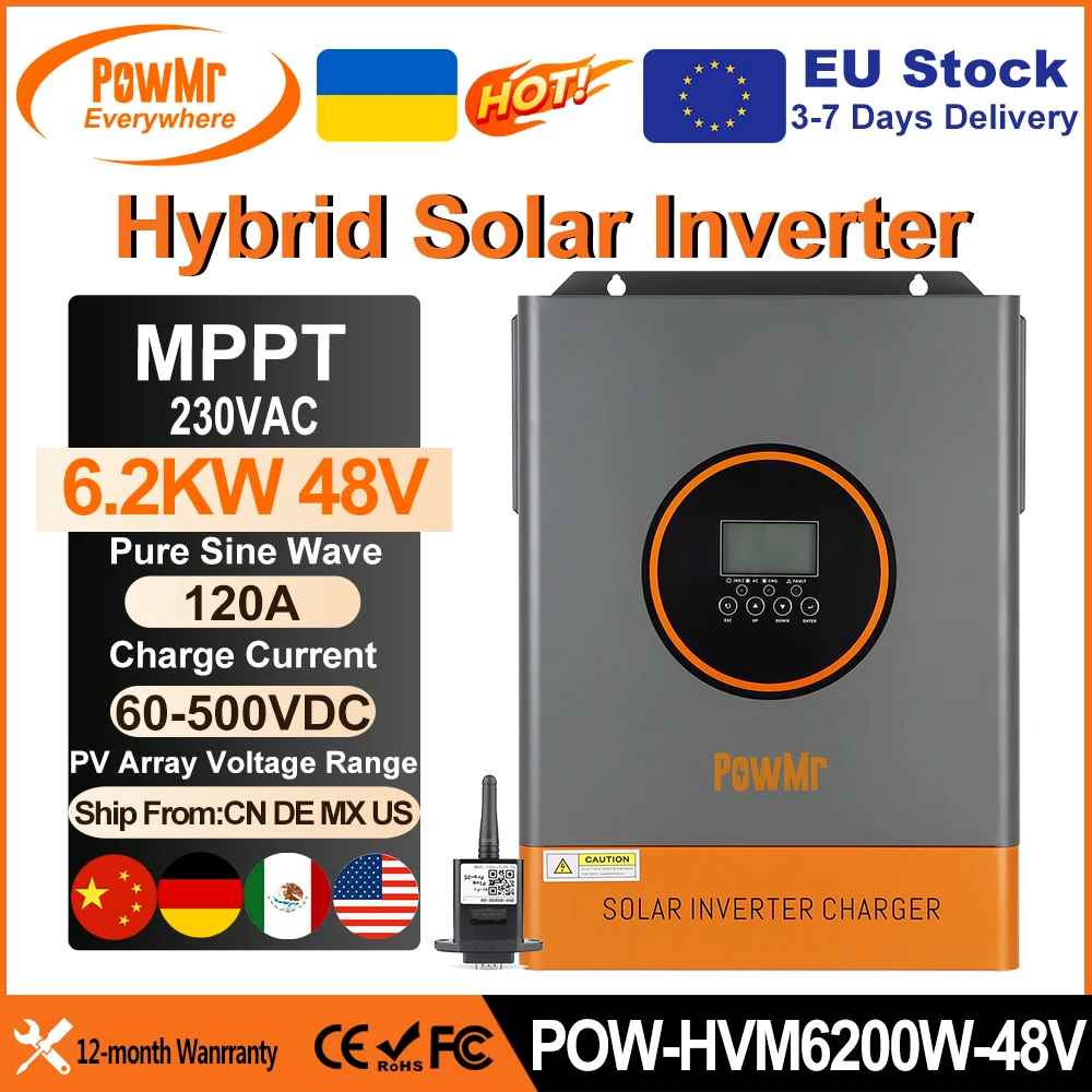 PowMr 6.2KW 48V Hybrid Solar Inverters 220V Pure Sine Wave With MPPT 120A Solar Charge Controller for Panel 60-500VDC With WIFI