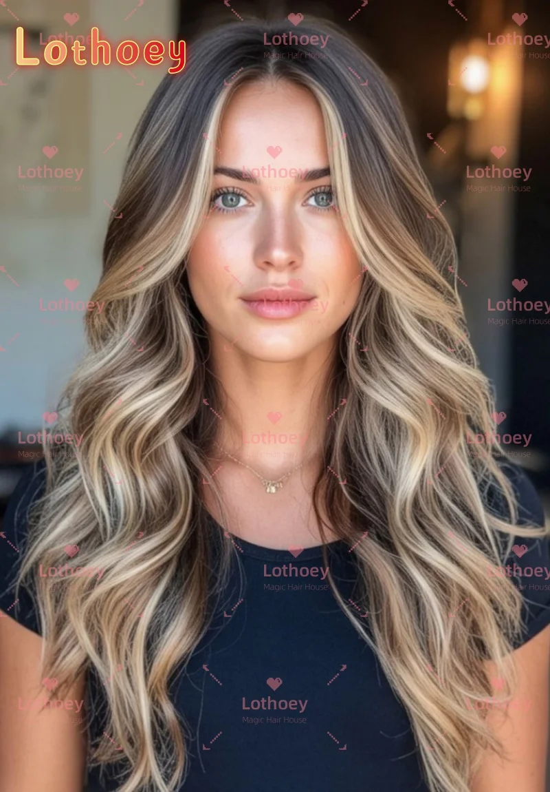 Лоothoey градиент натуральный коричневый мелирование натуральный блеск окрашенный белым золотом индивидуальный повседневный парик на шелковой основе парик с объемной волной