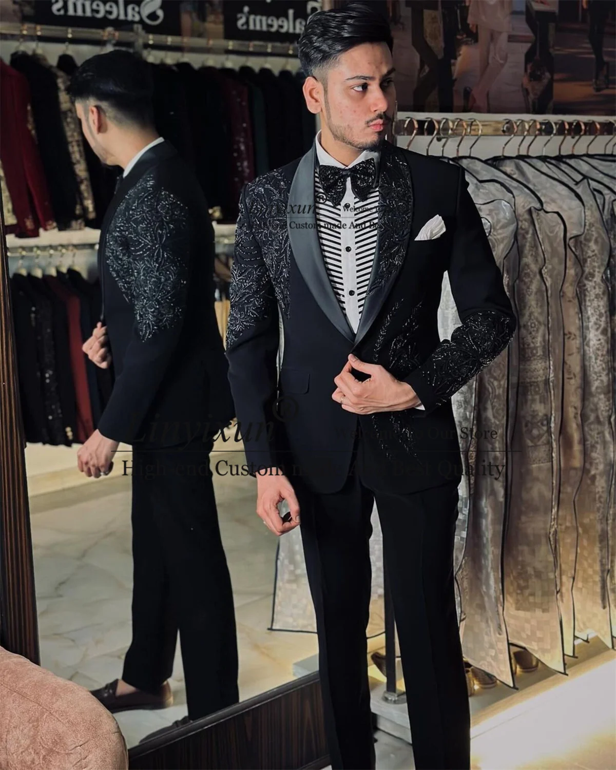 Shiny Beaded Embroidery Men Suits For Wedding Shawl Lapel Male Prom Blazer 2 Pieces Sets Groom Tuxedos Terno Masculino Completo