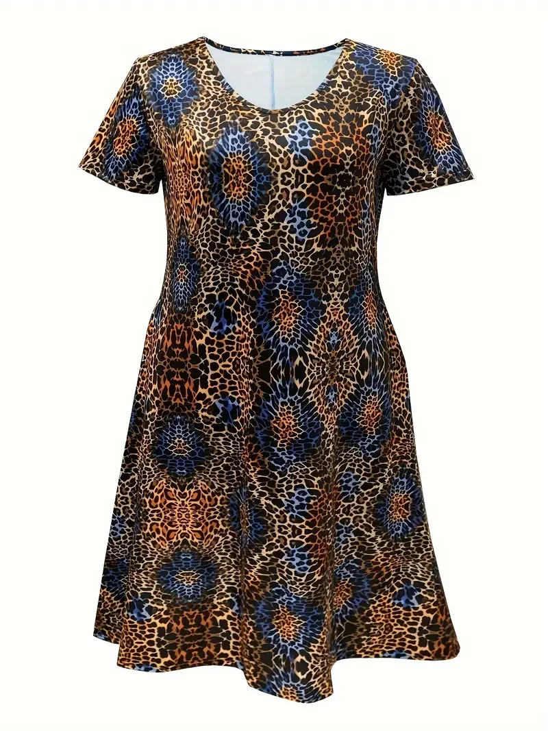 Plus Size Leopard Print Flattering Dress - Ankle-Length, Short Sleeve, Casual Style - Perfect for Spring & Summer - Trendy Women