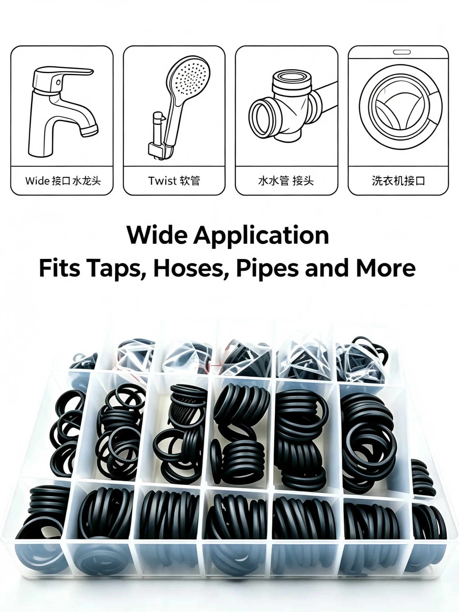 VKKM 740Pcs Rubber O-Ring Seal Assortment Kit, 24 Sizes Black Nitrile Rubber Washers for Tap, Shower, Water Pipe, Plumbing Repair Sealing