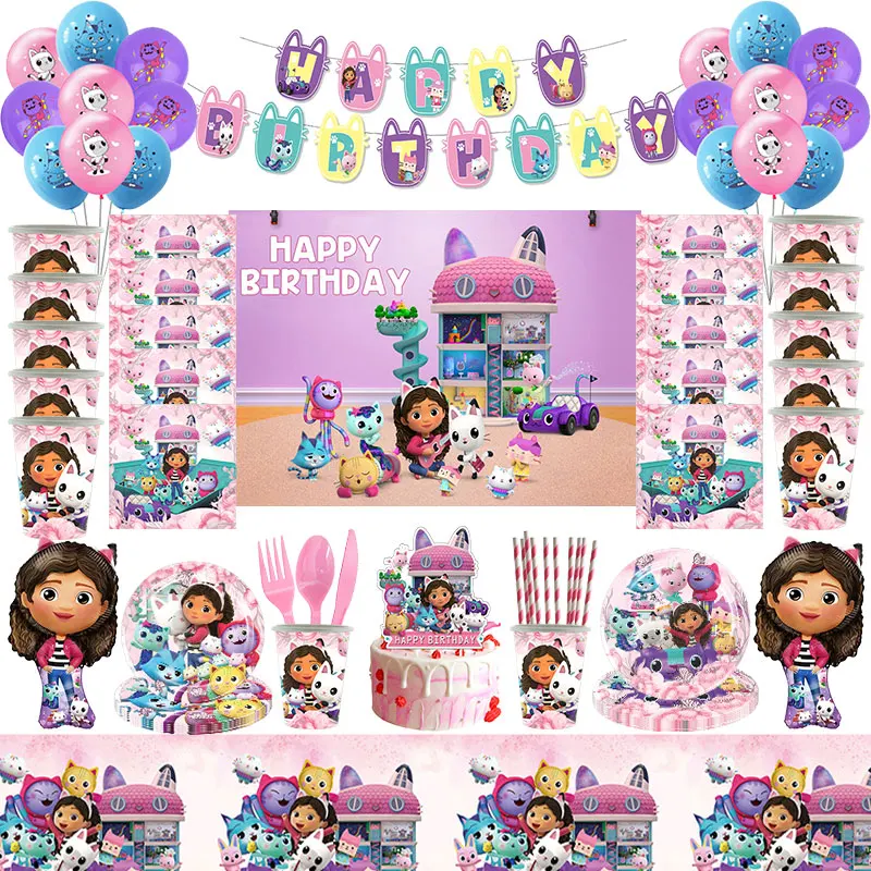 Gabby Dollhouse Cats Birthday Party Decoration, Talheres descartáveis, guardanapo, palha, toalha de mesa, copo, balões, Baby Shower Supplies