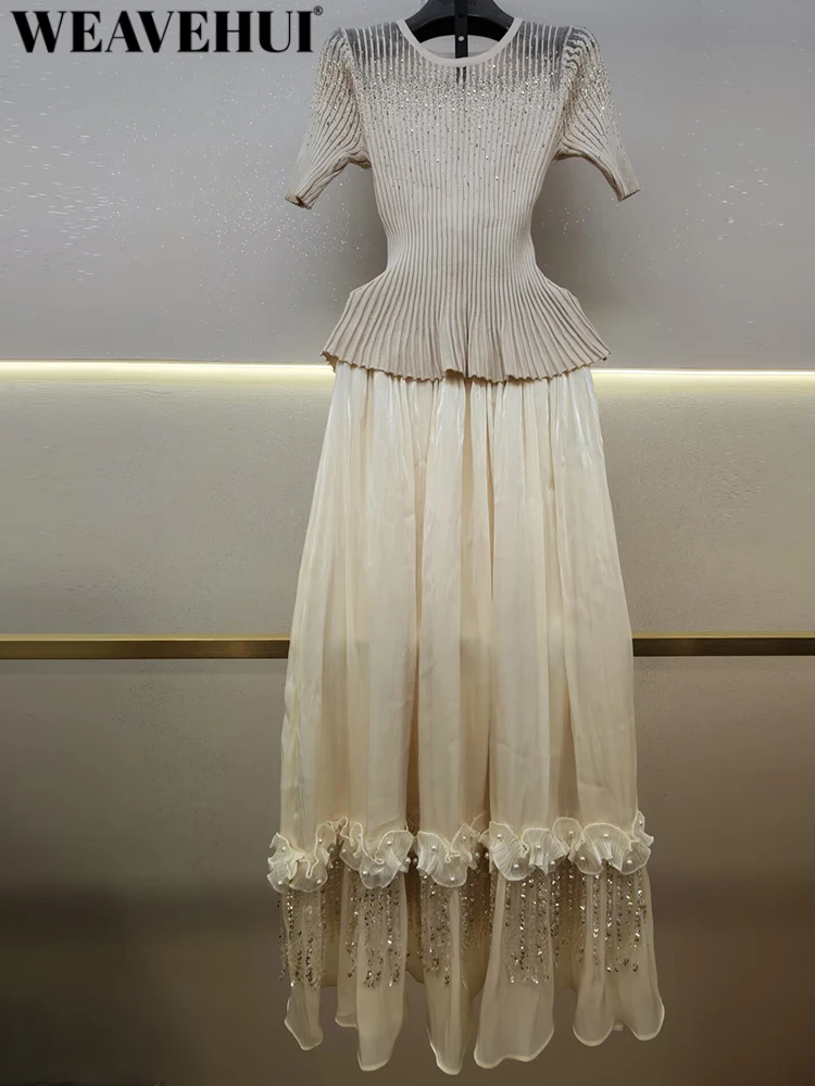 WEAVEHUI Women O-Neck Short Sleeves Elastic Waist Hotfix Rhinestone Tassel Spring Autumnal New model High Street 2-Piece