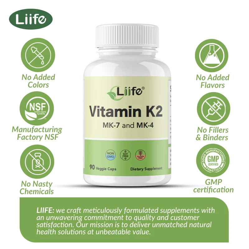 Liife Vitamin K2 Ergänzung-90 Kapseln, 600mcg mk7 & mk4, 90-Tage-Versorgung, unterstützt die allgemeine Gesundheit und Knochens tärke, Soja und g