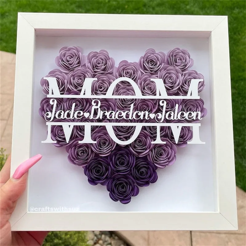 Custom Heart Shadowbox Frame Gift, Mother's Day Gift, Flower Shadow Box With Kids Name For Mother's Day