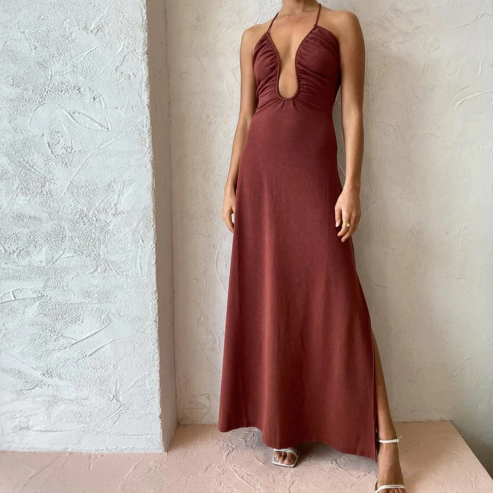 

Evening Dress Halter V-Neck Floor Length Sleeveless Side Slit Pleats Solid Color Bespoke Occasion Gowns Saudi Arabia Women