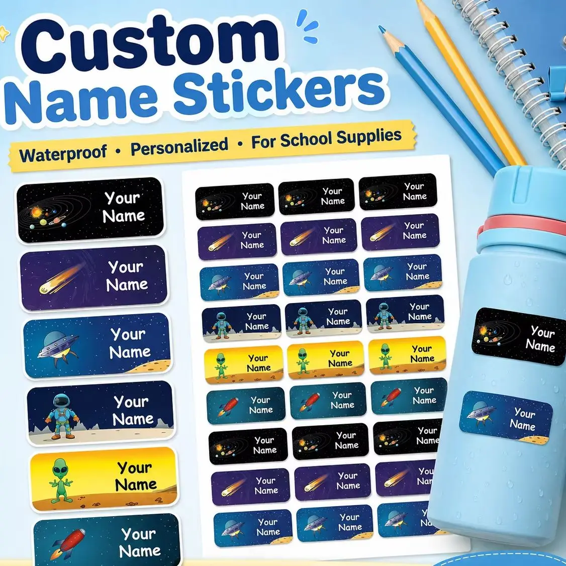 Custom Space-Themed Name Stickers | High Quality and Durable, Suitable for Water Bottles/Stationery/Books and Back-to-School