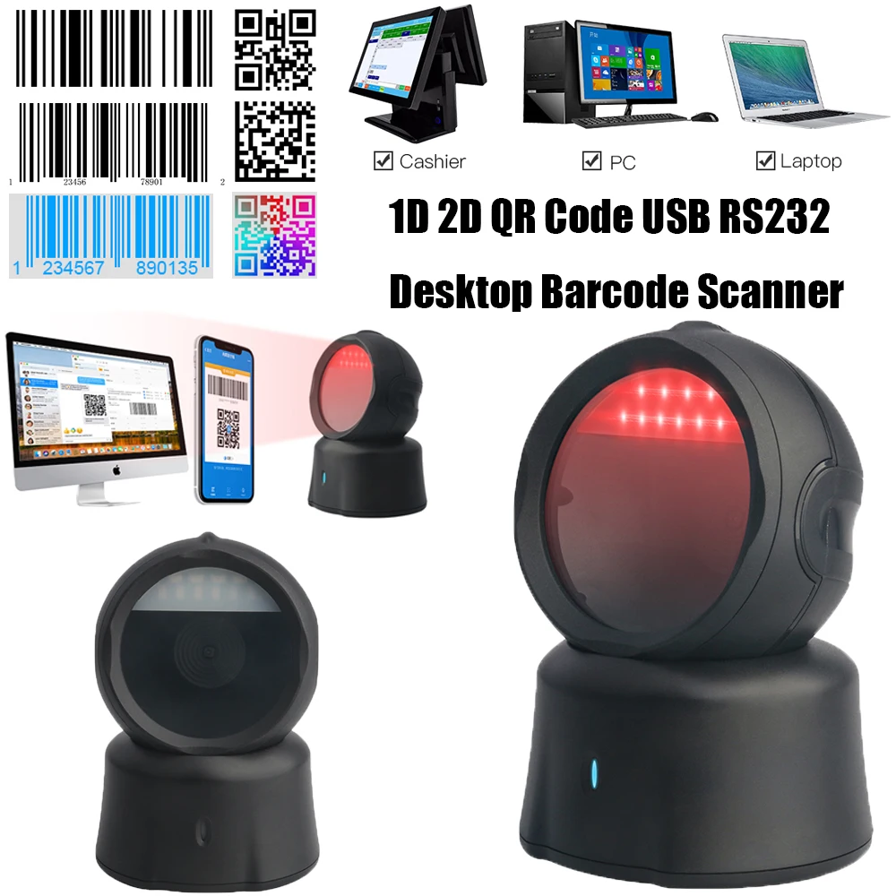 Leshine 1.0MP HD Camera Desktop Barcode Scanner 1D 2D QR Code USB-COM RS232 for Supermarkets  Stores for PC Laptop Cashier