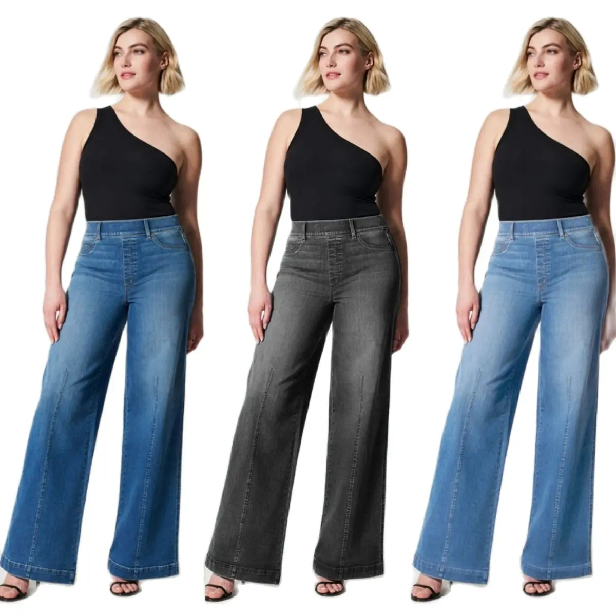 2023 Hot Sale Women\'s High Stretch Elastic Waist Jeans Fashion Mid Waist Denim Wide Leg Pants Casual Female Trousers S-2XL