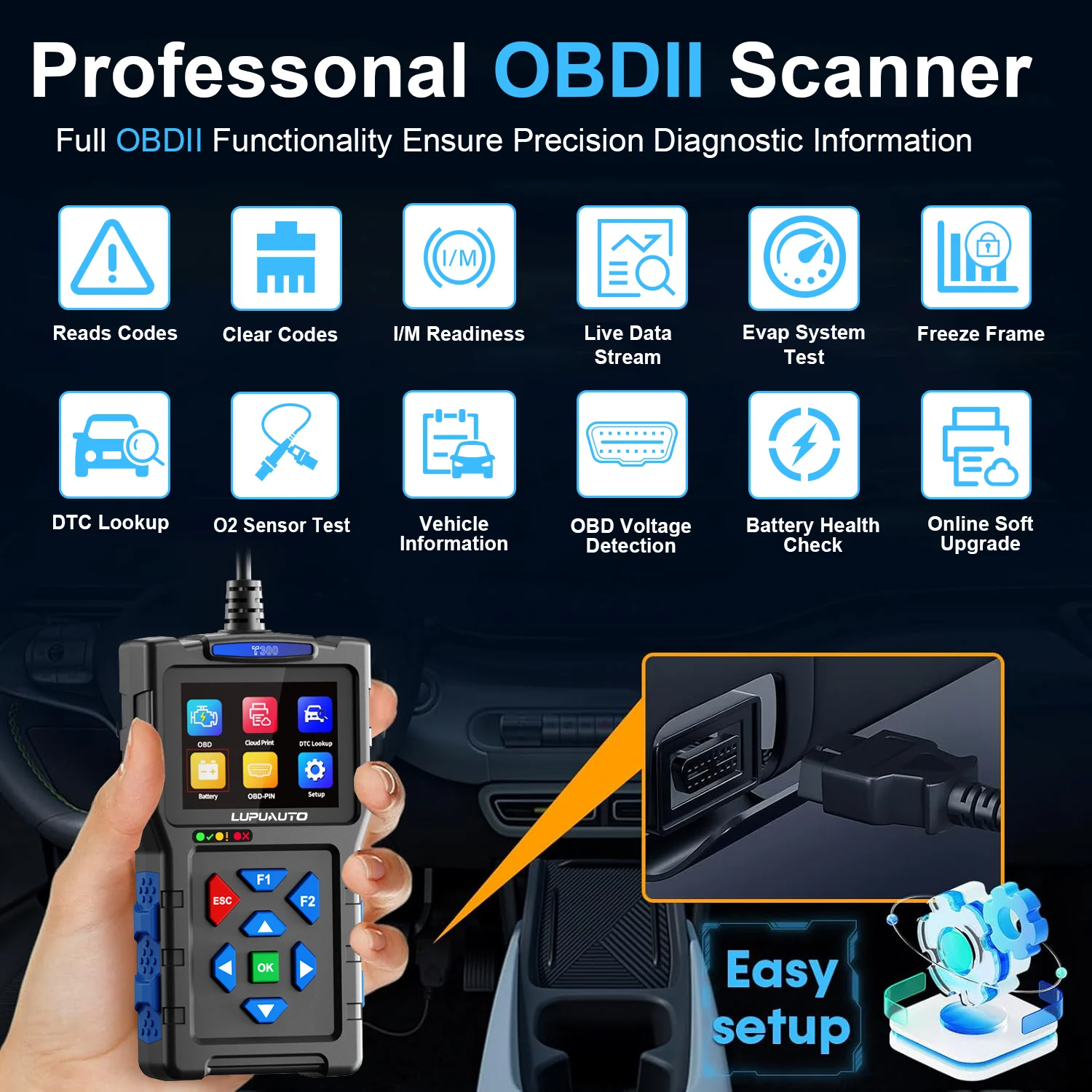 OBD2 Scanner T300 Code Reader Diagnostics Tool Car Fault Code Reader Engine Check OBDII Scanner Battery Voltage Tester I/M