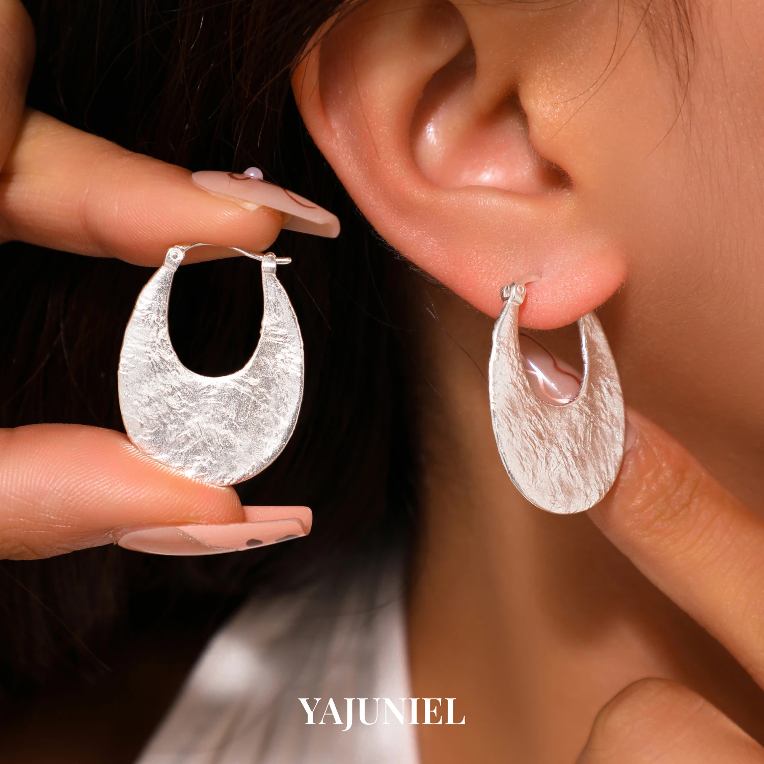 YAJUNIEL White Gold Plated Hammered Hoop Earrings for Women Hypoallergenic Brass Textured Teardrop Crescent Hoops Jewelry Gift