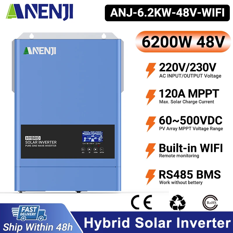6.2KW Solar Hybrid Inverter 48V Solar Inverter On-grid 220Vac Built-in WIFI & 120A MPPT Solar Charge Controller For PV 500Vdc