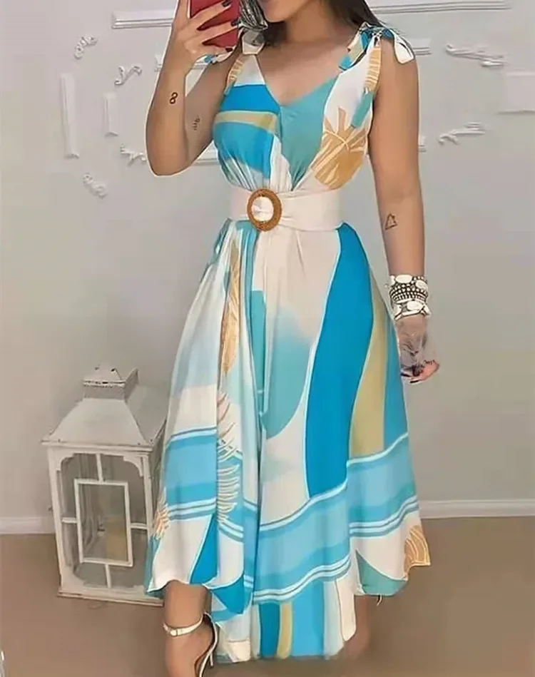 Elegancka sukienka midi z nadrukiem bez rękawów z dekoltem w szpic bez pleców z zakładkami A Line Club Ladies Prom Camisole Dresses 2023 Summer — zdjęcie 2