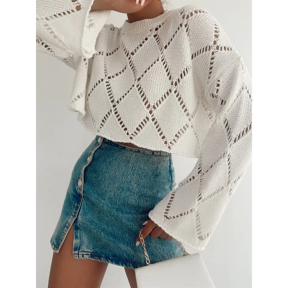 Baklava Pattern Openwork Knitwear Sweater Hand Knitted Knitwear Sweater Daily Use Knitwear Sweater Solid Color Knitwear Sweater