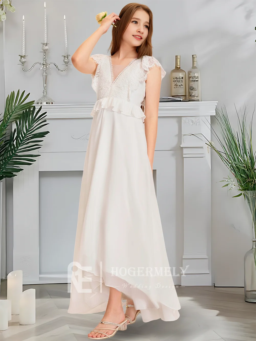 Роскошное асимметричное платье подружки невесты цвета слоновой кости, платье с цветочным узором для девочек, с v-образным вырезом, шифоновое кружево, каскадные оборки, свадьба