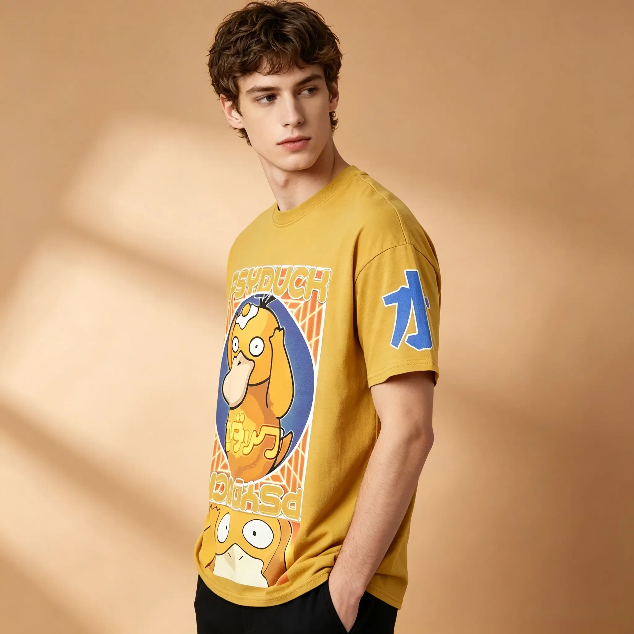 Men's Loose Oversized T-Shirt, Pokemon Psyduck Retro Poster Print Yellow Cotton Short Sleeve Anime Streetwear Top - view 5