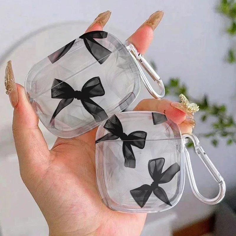 Étui AirPods1/2 avec nœud papillon noir, avec porte-clés, pour AirPods Pro2 4ème boîte de chargement, Fundas pour AirPods 3, transparent, résistant aux chocs
