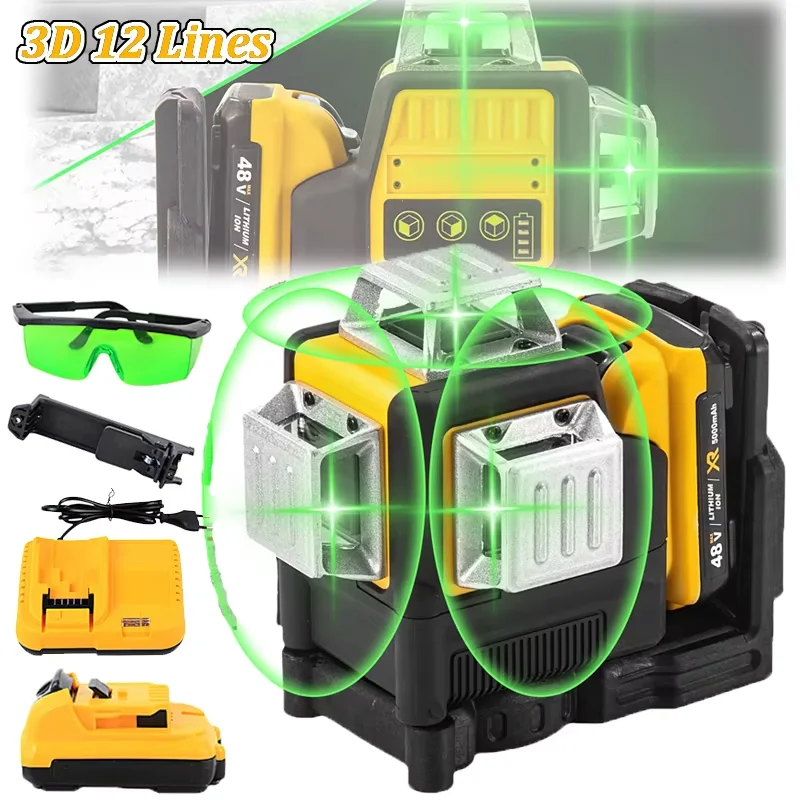 12Line 3D Laser Level Green Line SelfLeveling 360 Horizontal And Vertical Powerful Green Beam Laser Level For Dewalt 20V Battery