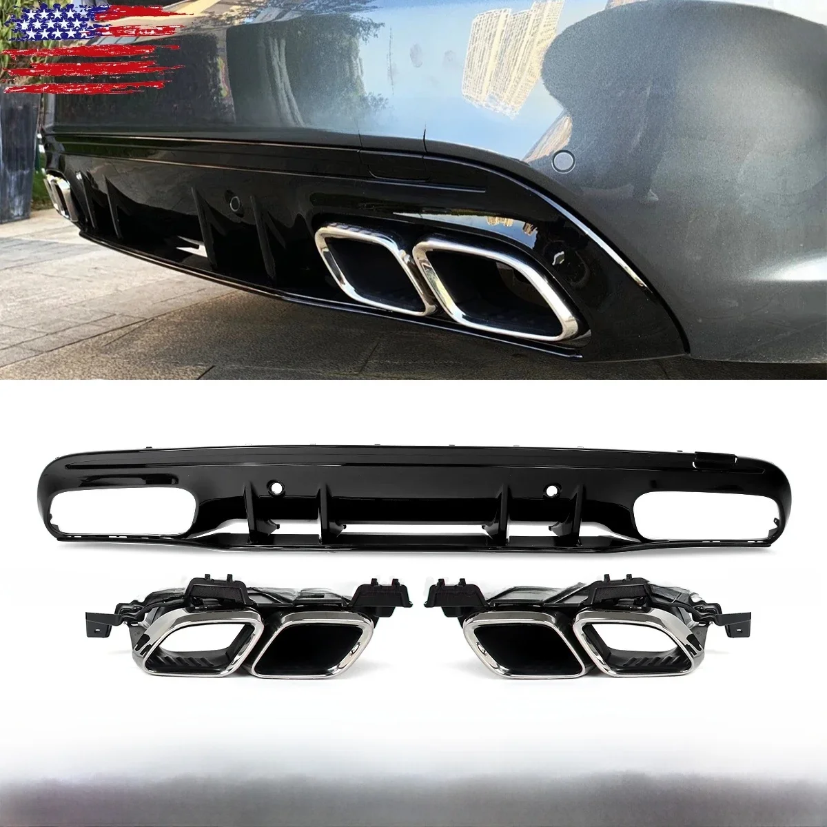 Diffuser achter met uitlaattips voor Mercedes-Benz C-Klasse W205 Sedan AMG-Line 2014-2021 Diffuser Lip Achterbumper Guard Bodykits - afbeelding 2