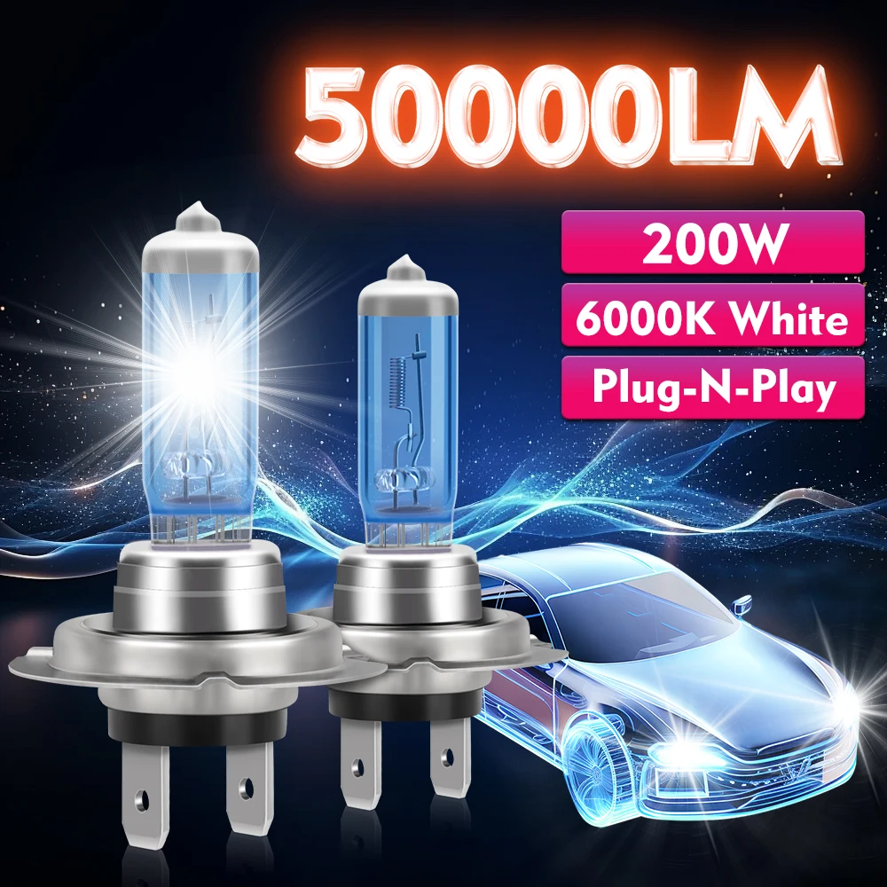 200W H7 Halogen Lights 50000LM Canbus Car Halogen Headlamps 6000K White 12V H1 H4 H7 H9 H11 9005 HB3 9006 HB4 9145 Auto Lamps