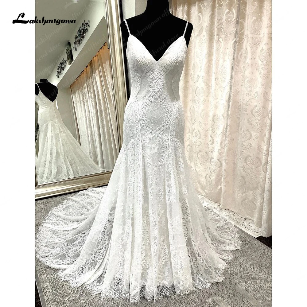 

Lakshmigown Modern Spaghetti Straps Mermaid/Trumpet Boho Wedding Dress V Neck Lace Backless 2023 Bridal Gown Women vestidos