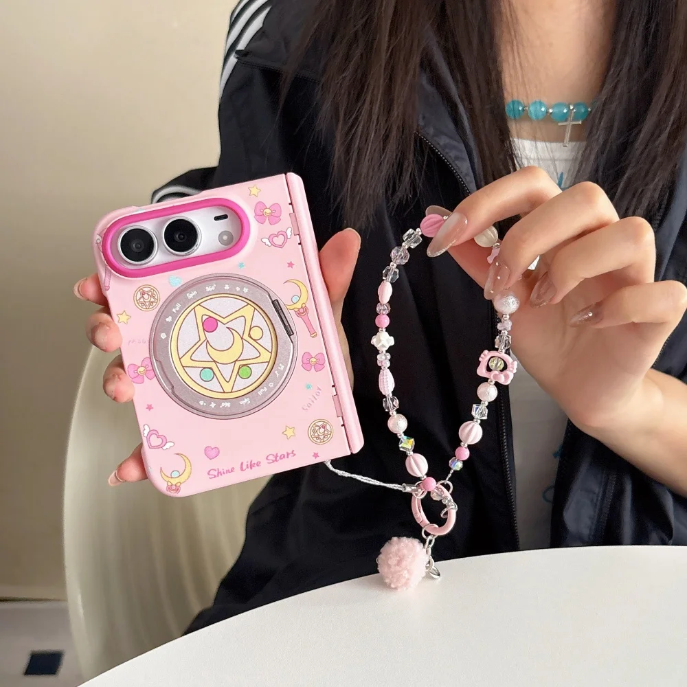 Kawaii Pink Magic Wand Magnetic Phone Case for iPhone Duo Cover with Magsafe Holder, Sweet Cute Folding Shockproof Cases Fashion