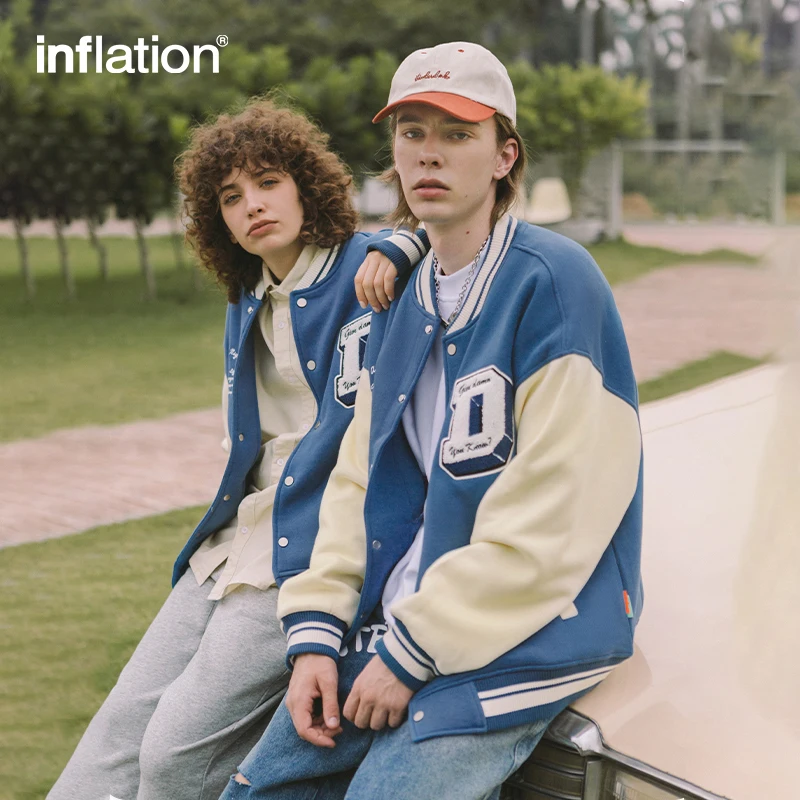 INFLATION Baseball Jacket Men UK Streetwear Color Block Vintage Baseball Coat Unisex Thick Fleece Bomber Jacket Men