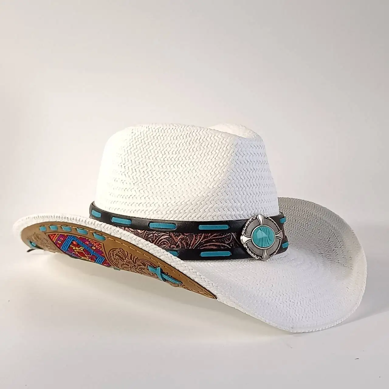 Western-style straw cowboy hat for men with turquoise decorative buckle wide-brimmed sun hat summer beach cowboy hat for women