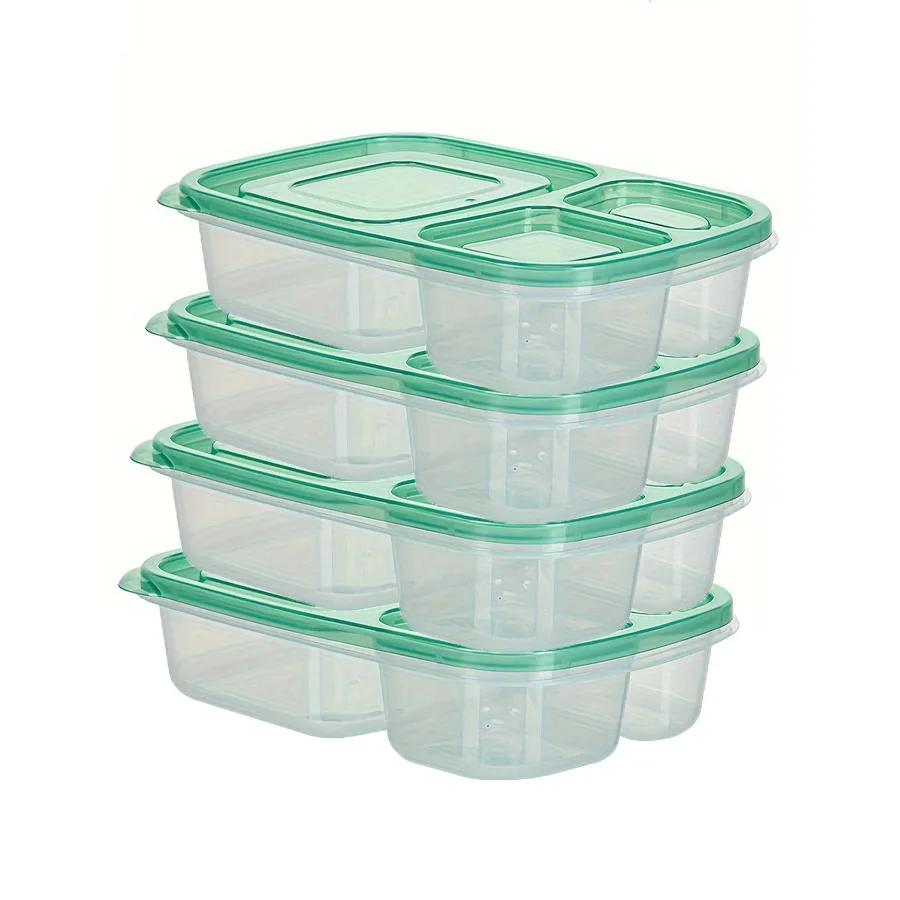 Meal Prep Container With Lids, 4 Pack 3 Compartment Reusable Food Storage Containers Plastic Bento Box To-go Boxes(28oz)