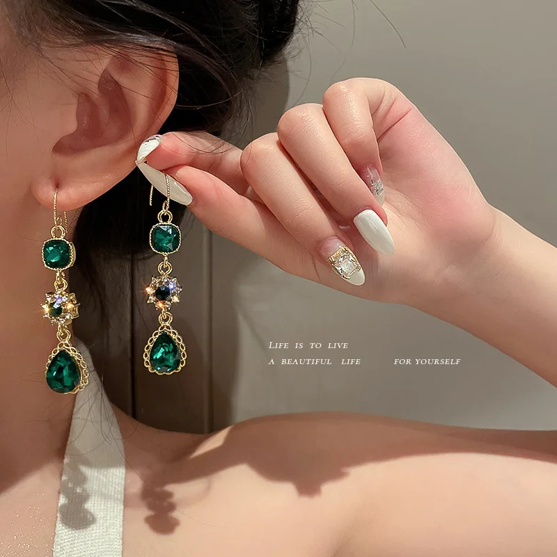 pendientes pendientes de acero inoxidable pendientes Pendientes largos de Esmeralda para mujer, aretes modernos de estilo europeo y americano, con