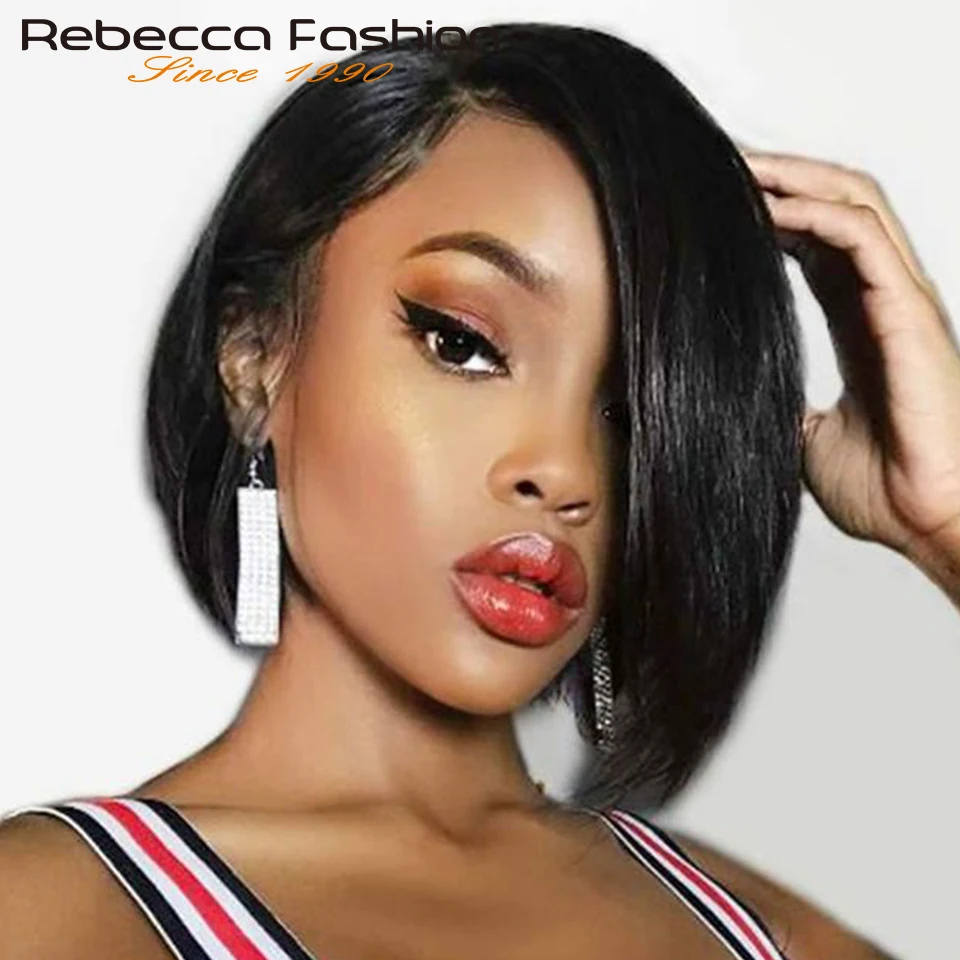 Glueless Pixie Short Cut Straight Human Hair Wigs Short Bob With Long Side Part Bangs No Lace Brazilian Straight Bob Wigs