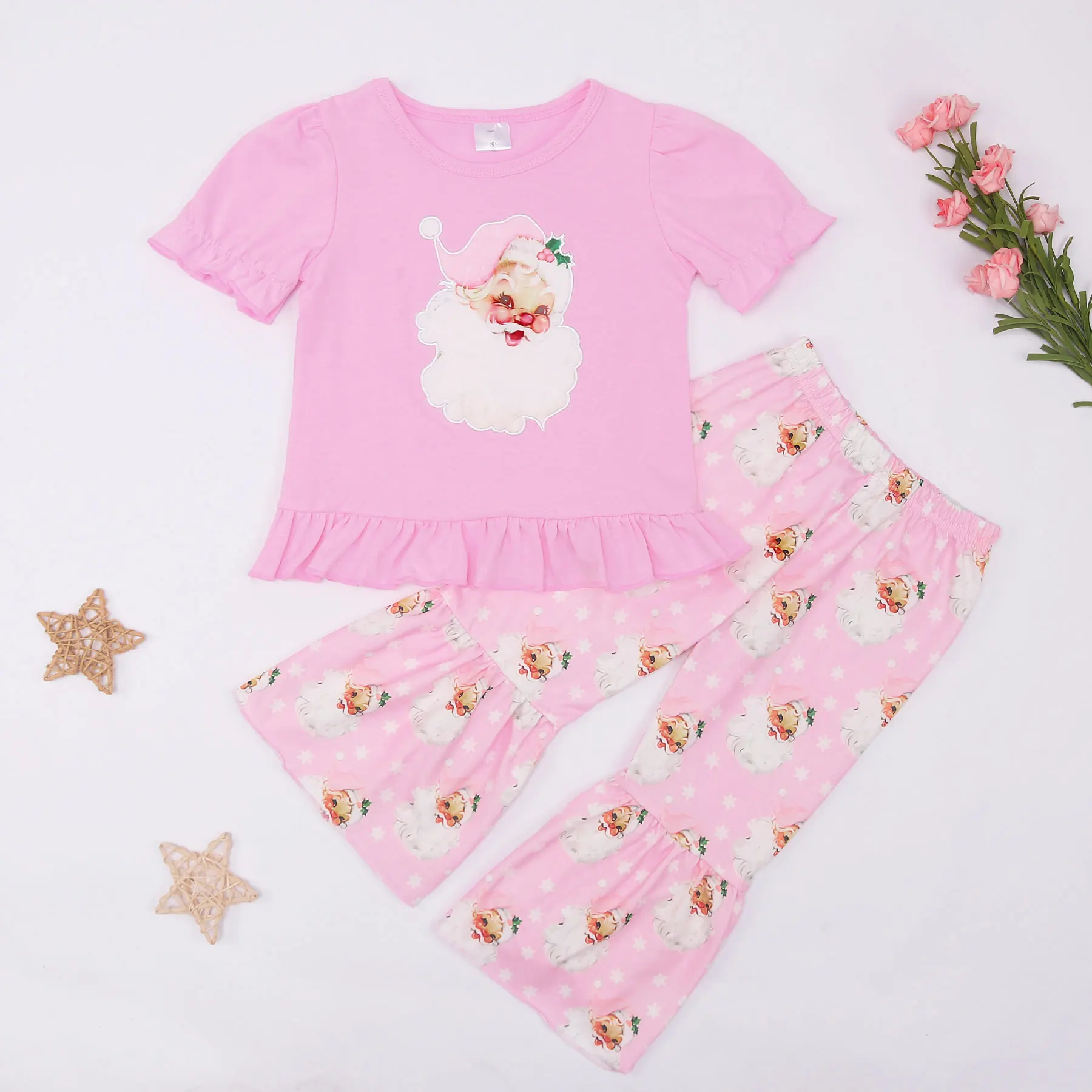 

New Autumn Pink Outfits Baby Girl Clothes Christmas Design With White Santa Claus Children Suit Kids Floral Pants Cute Set