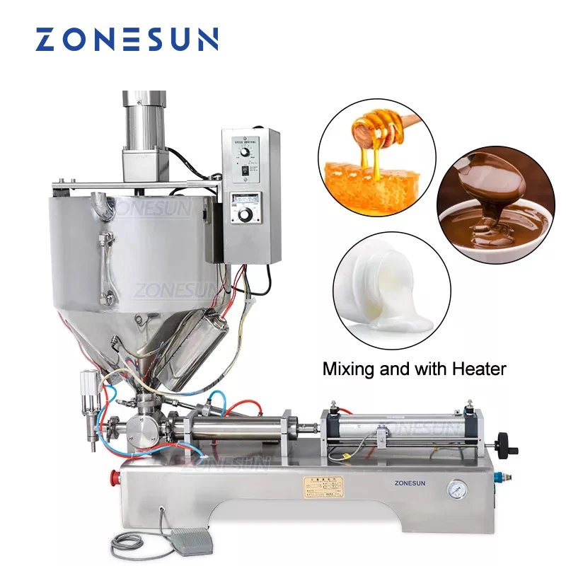 ZONESUN 믹서 가열 페이스트 병 충전 기계, 크림 꿀 초콜릿 소스 물병 포장 필러