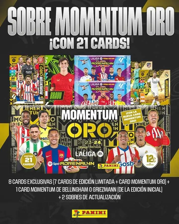 Sobre Momentum Oro + 5 Sobres Adrenalyn XL de la Liga EA Sports - Cartas de la liga 2023/24- Coleccionables Oficial de Panini