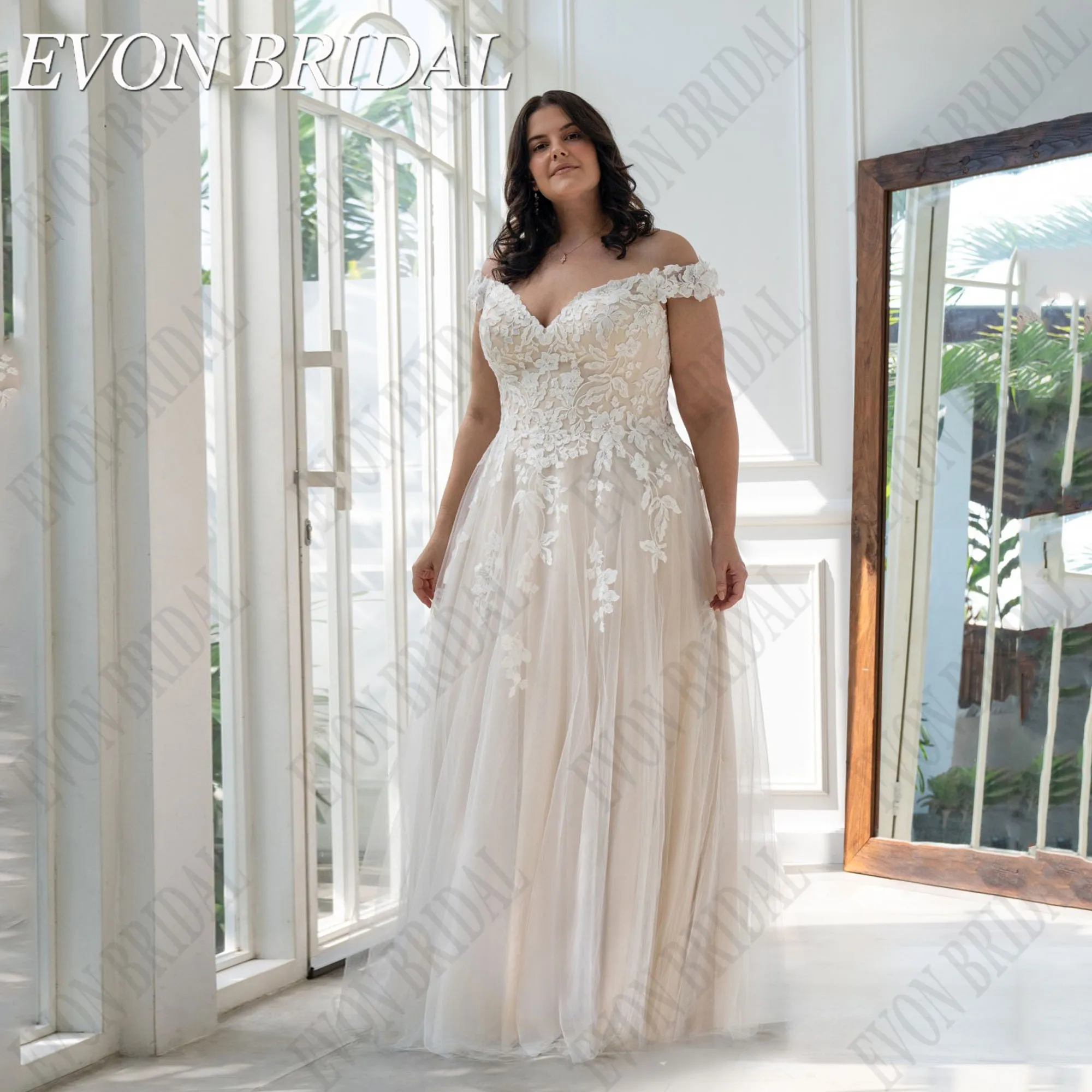 EVON BRIDAL Lace Oversize Wedding Dresses Off Shoulder V-Neck Robe De Mariée Applique A-Line Wedding Party Gown Illusion Back